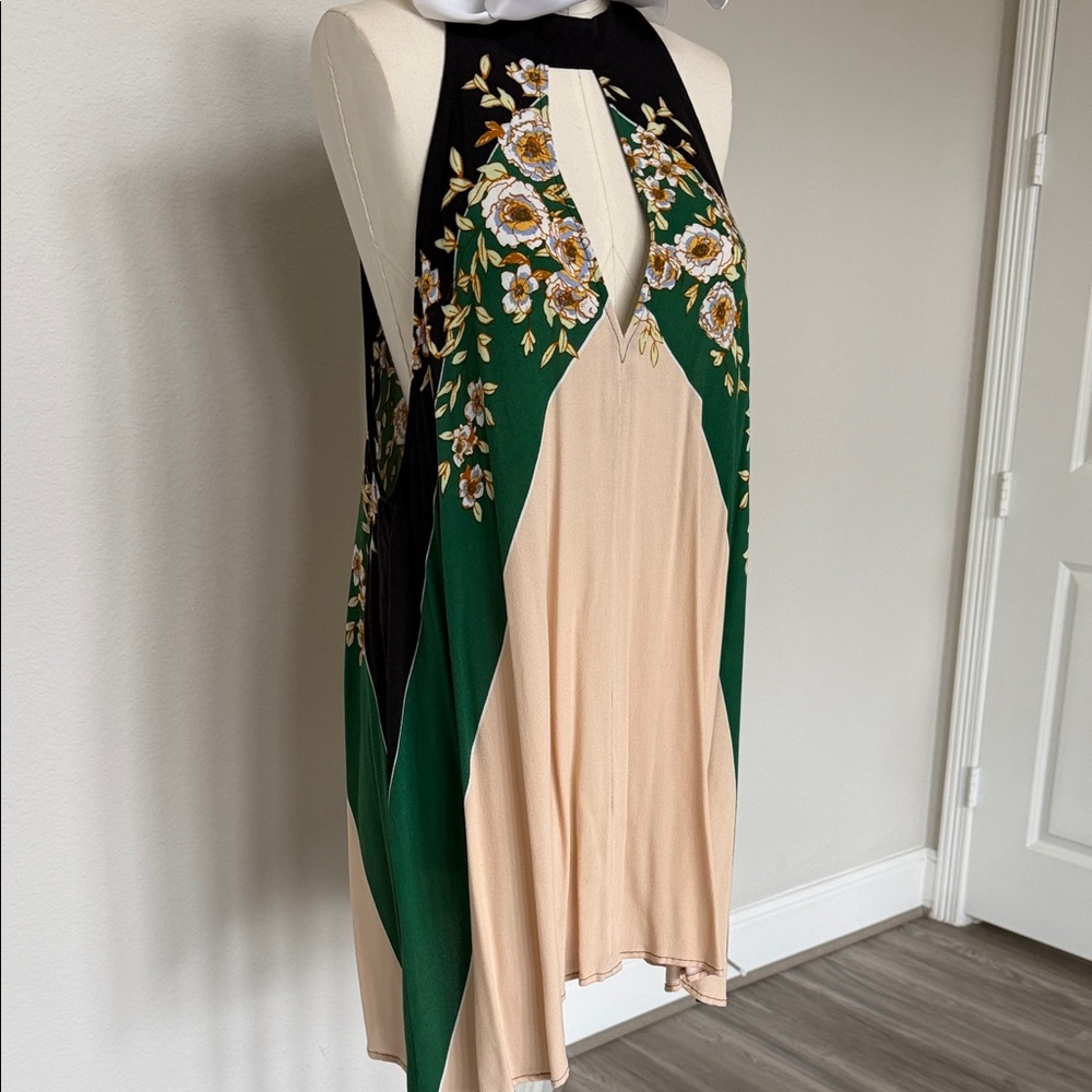 Free People Floral Halter Neck Dress - tunic Green, black and Cream